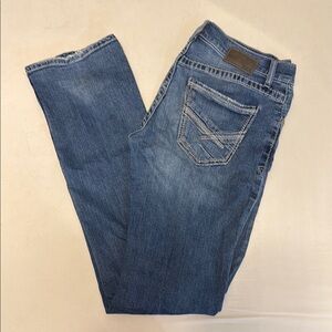 Buckle Blue Straight Jeans with Decorative Stitching